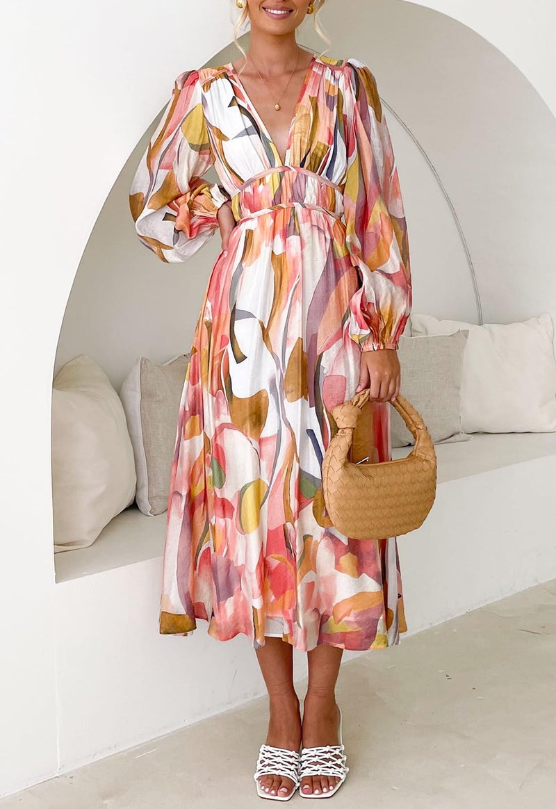 Maxigerui Women's Long Sleeve Floral Maxi Dress Summer Wedding Guest Dress Pink Watercolor S - Image 4