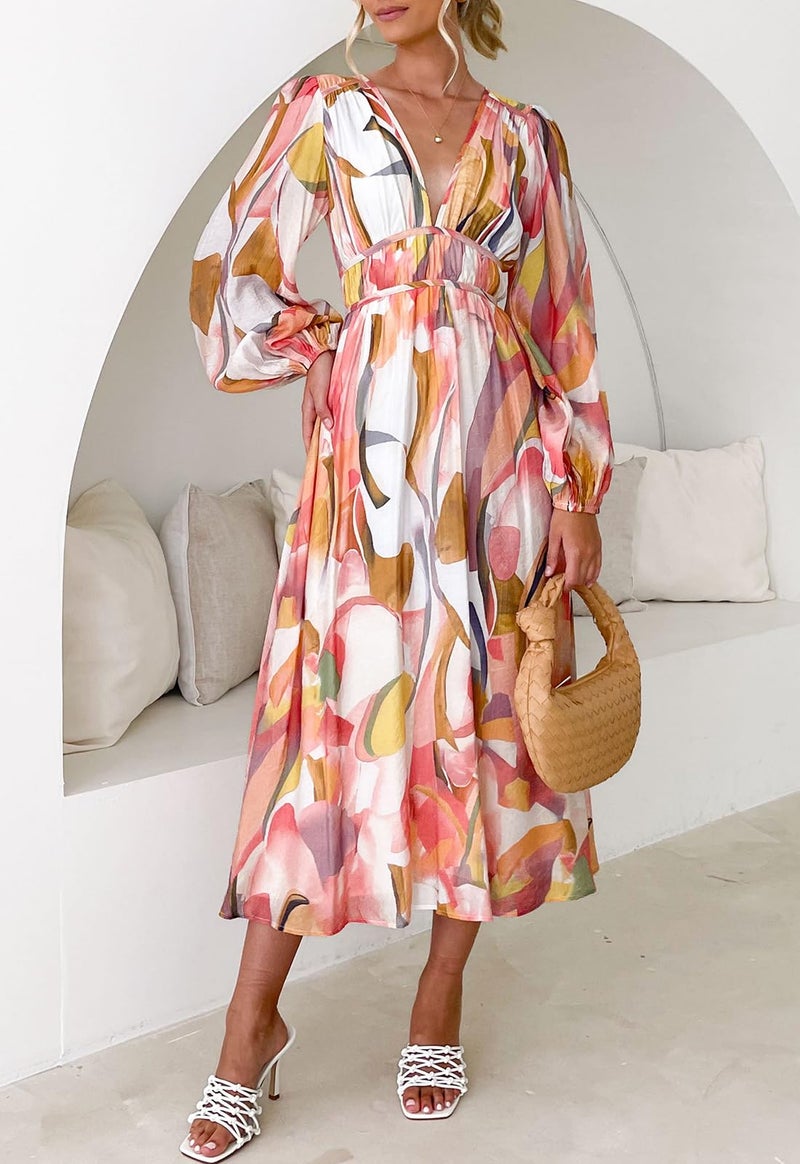 Maxigerui Women's Long Sleeve Floral Maxi Dress Summer Wedding Guest Dress Pink Watercolor S - Image 3