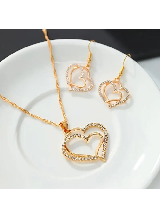 Goolsky طقم مجوهرات نسائي من 3 قطع بتصميم قلبين خوخي – قلادة/أقراط/سوار، تصميم قلبين، للاستخدام اليومي/الهدايا (عيد الحب/عيد) - Image 2