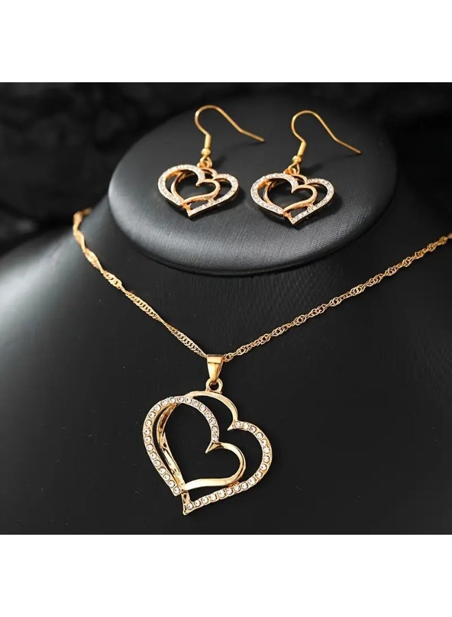 Goolsky طقم مجوهرات نسائي من 3 قطع بتصميم قلبين خوخي – قلادة/أقراط/سوار، تصميم قلبين، للاستخدام اليومي/الهدايا (عيد الحب/عيد) - Image 5