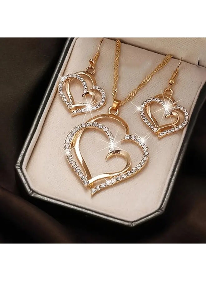 Goolsky طقم مجوهرات نسائي من 3 قطع بتصميم قلبين خوخي – قلادة/أقراط/سوار، تصميم قلبين، للاستخدام اليومي/الهدايا (عيد الحب/عيد) - Image 1