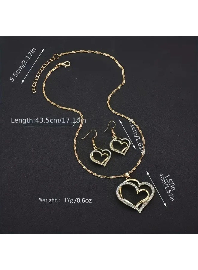 Goolsky طقم مجوهرات نسائي من 3 قطع بتصميم قلبين خوخي – قلادة/أقراط/سوار، تصميم قلبين، للاستخدام اليومي/الهدايا (عيد الحب/عيد) - Image 3