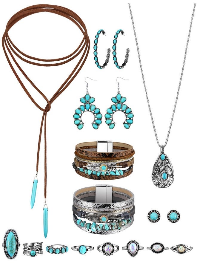 Inbagi 15 Pcs Western Jewelry For Women Bohemian Turquoise Jewelry Set Boho Pendant Choker Necklace Leather Bracelet Rings Earrings - Image 1