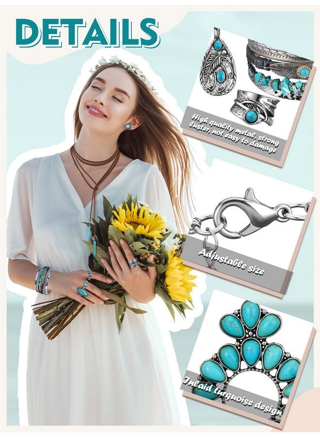 Inbagi 15 Pcs Western Jewelry For Women Bohemian Turquoise Jewelry Set Boho Pendant Choker Necklace Leather Bracelet Rings Earrings - Image 4