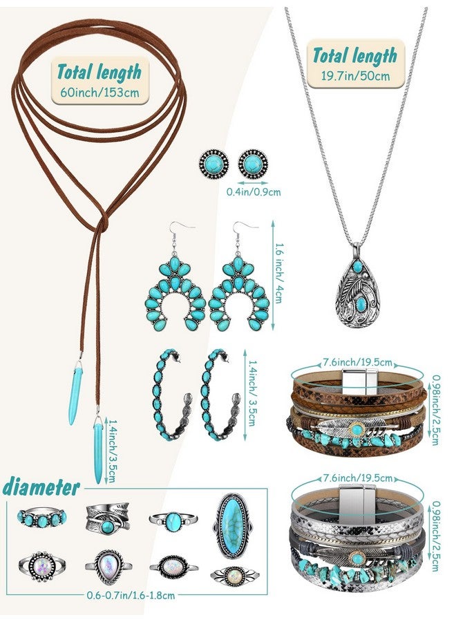 Inbagi 15 Pcs Western Jewelry For Women Bohemian Turquoise Jewelry Set Boho Pendant Choker Necklace Leather Bracelet Rings Earrings - Image 3
