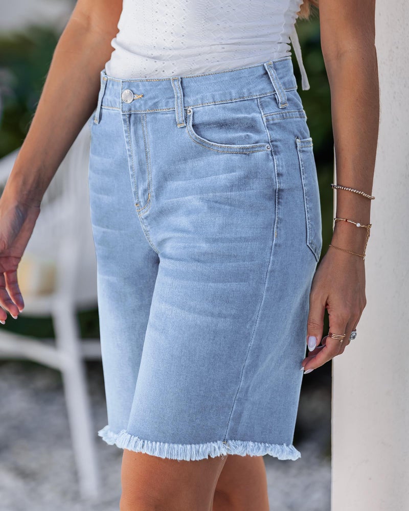 luvamia Jean Bermuda Shorts for Women Trendy Mid Rise Raw Hem Knee Length Comfy Jean Shorts Womens Jorts Women Powder Blue Size Large Fits US 12-14 - Image 2