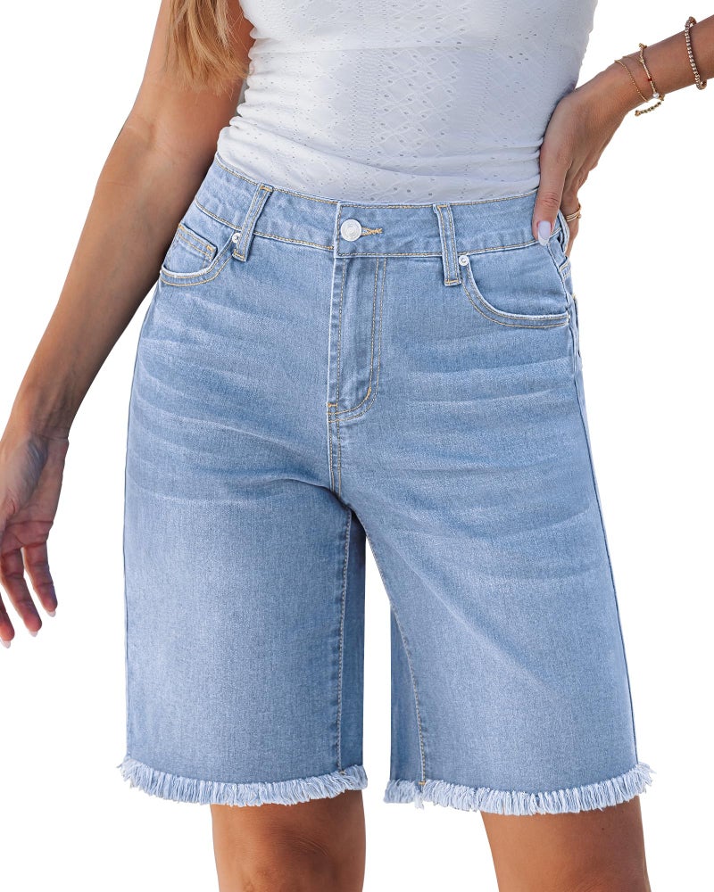 luvamia Jean Bermuda Shorts for Women Trendy Mid Rise Raw Hem Knee Length Comfy Jean Shorts Womens Jorts Women Powder Blue Size Large Fits US 12-14 - Image 1