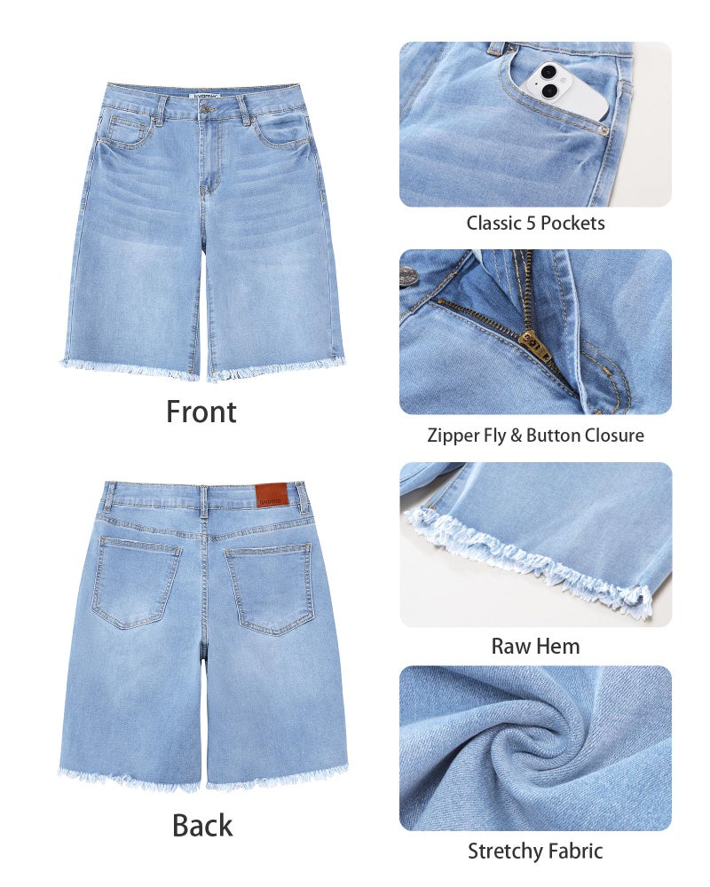 luvamia Jean Bermuda Shorts for Women Trendy Mid Rise Raw Hem Knee Length Comfy Jean Shorts Womens Jorts Women Powder Blue Size Large Fits US 12-14 - Image 5