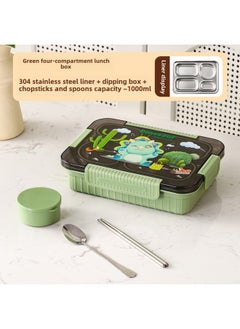 Factory Direct 304 Stainless Steel Lunch Box Cartoon Student Lunch Box Can Enter The Microwave Oven Sealed Compartment Lunch Box-Specifications:Green Dinosaur [with Chopsticks And Spoons + Sauce Dish]-Color:1000ml Three Grids