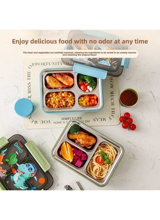 Generic - Factory Direct 304 Stainless Steel Lunch Box Cartoon Student Lunch Box Can Enter The Microwave Oven Sealed Compartment Lunch Box-Specifications:Green Dinosaur [with Chopsticks And Spoons + Sauce Dish]-Color:1000ml Three Grids - Image 1