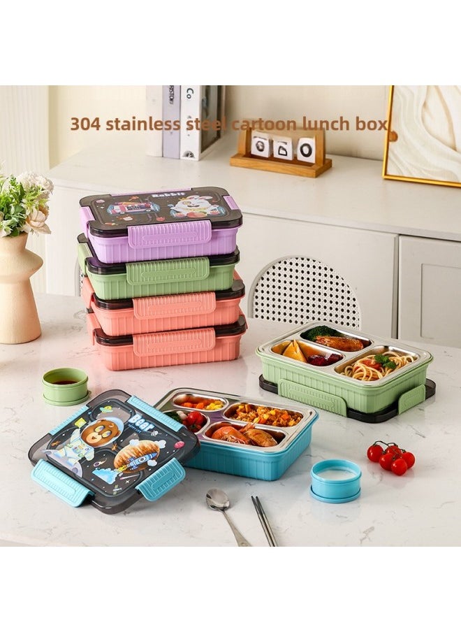 Generic - Factory Direct 304 Stainless Steel Lunch Box Cartoon Student Lunch Box Can Enter The Microwave Oven Sealed Compartment Lunch Box-Specifications:Green Dinosaur [with Chopsticks And Spoons + Sauce Dish]-Color:1000ml Three Grids - Image 1