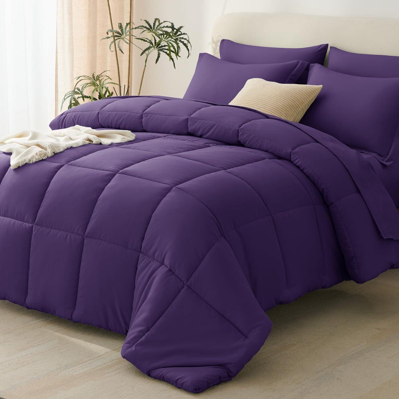 CozyLux طقم لحاف كوين بنفسجي من كوزي لوكس مع ملاءات - 7 قطع، طقم سرير كوين، طقم سرير ناعم مناسب لجميع الفصول مكون من 7 قطع مع لحاف بنفسجي، ملاءة مسطحة، ملاءة مثبتة، أغطية وسائد وأغطية وسائد مزخرفة. - Image 1