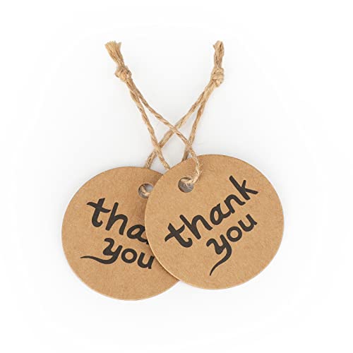 G2PLUS 100PCS Thank You Tags, 1.7 in Round Calligraphy Thank You Tags, Brown Kraft Paper Gift Tag with String for Gift Wrapping, DIY Arts & Crafts, Wedding Party Favors - Image 5