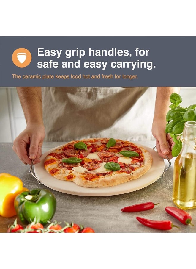 Premify - Pizza Stone Set For Oven And Grill, 13 Inch Round Ceramic Pizza Grilling Stone Oven Baking Stone With Serving Rack - Image 1
