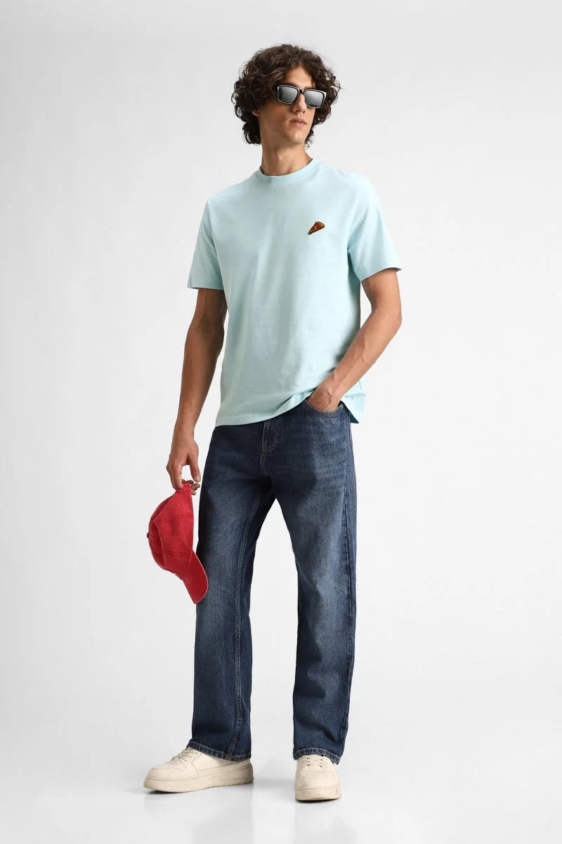 سنيتش Pastel Blue Embroidered Half Sleeve Regular Fit T-Shirt