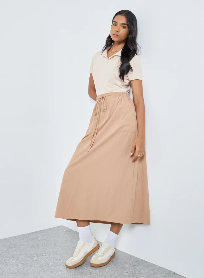 Take Two Take Two Solid Midi Skirt with Tie-Up Waist
