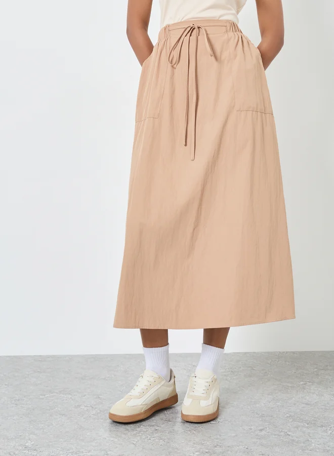 Take Two Take Two Solid Midi Skirt with Tie-Up Waist