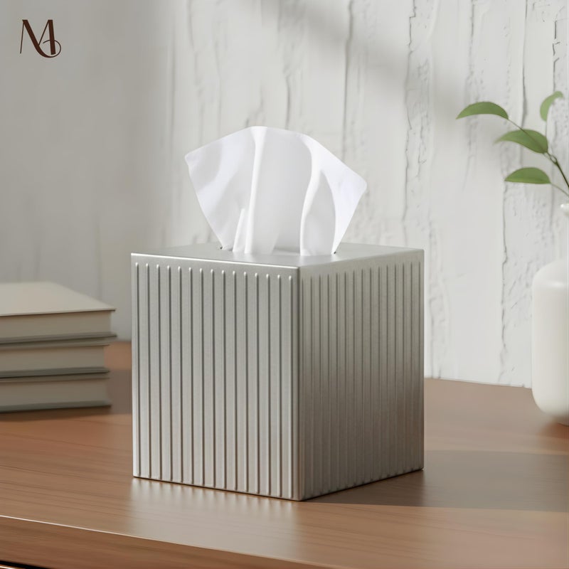 Monarch Abode Tissue Box Cover Square â€“ Handcrafted Ridge Embossed Pewter Metal Tissue Holder Box for Bathroom Accessory, Aesthetic Decorative Facial Napkin Cube for Modern Home Decor - Image 2