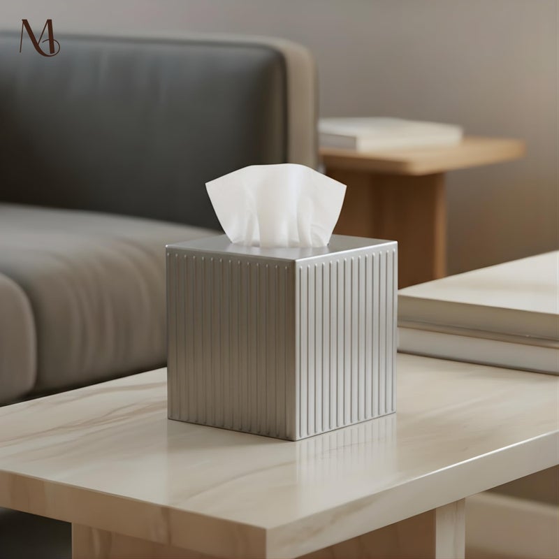 Monarch Abode Tissue Box Cover Square â€“ Handcrafted Ridge Embossed Pewter Metal Tissue Holder Box for Bathroom Accessory, Aesthetic Decorative Facial Napkin Cube for Modern Home Decor - Image 4