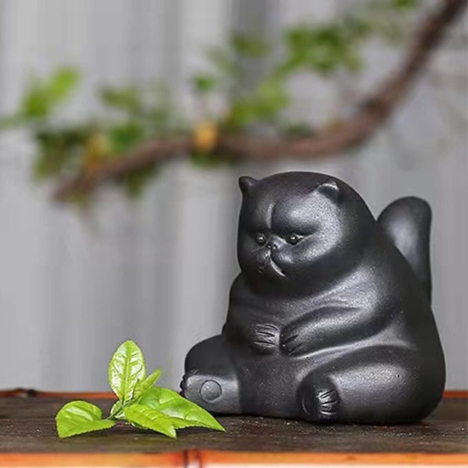 ZISHA TEA PET ANGRY UNHAPPY CAT BAT FIGURINE CUTE KUNG FU TEA ORNAMENT ACCESSORIES OF FROG TEA SET DECORATION FOR TEA TABLE DESK TEAROOM GREAT GIFT FOR TEA LOVER FRIEND 1CAT BLACK