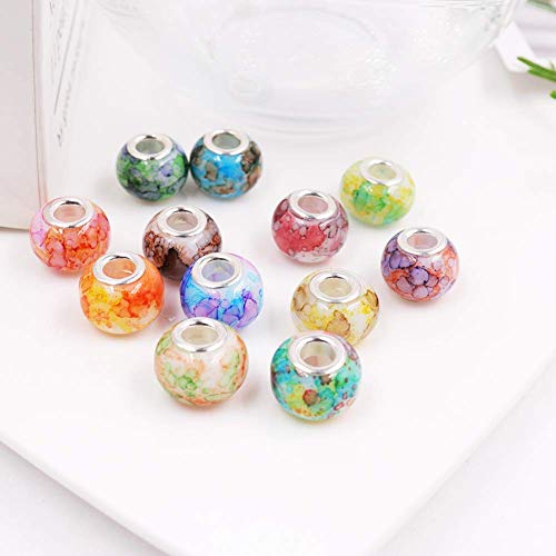 AIPRIDY 100Pcs 15x11mm Painting Murano Large Hole Glass Beads Mix Color with Silver Brass Cores European Charm fit Bracelet Necklace (Watercolor Effect OPEC White Glass) - Image 2