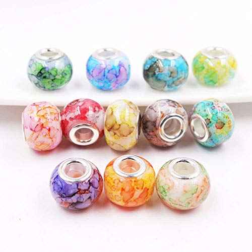 AIPRIDY 100Pcs 15x11mm Painting Murano Large Hole Glass Beads Mix Color with Silver Brass Cores European Charm fit Bracelet Necklace (Watercolor Effect OPEC White Glass) - Image 4
