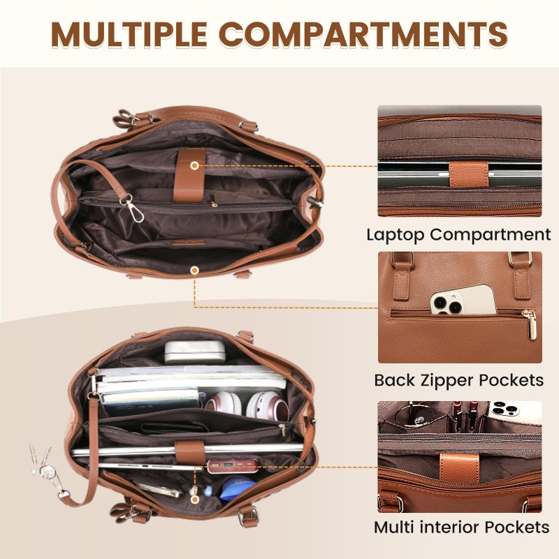 Lovevook حقيبة لابتوب LOVEVOOK للنساء 15.6 بوصة حقيبة كمبيوتر جلدية مقاومة للماء حقيبة عمل مكتبية حقيبة يد، بني - Image 4