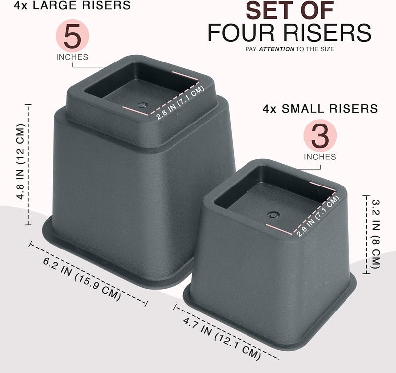 Utopia Bedding 8 Piece Premium Adjustable Furniture Risers (4 High and 4 Short) - Heavy Duty Riser with Strong Space Saving for Beds, Tables, Chairs or Sofas (3, 5 or 8 Inch) (Grey) - Image 2