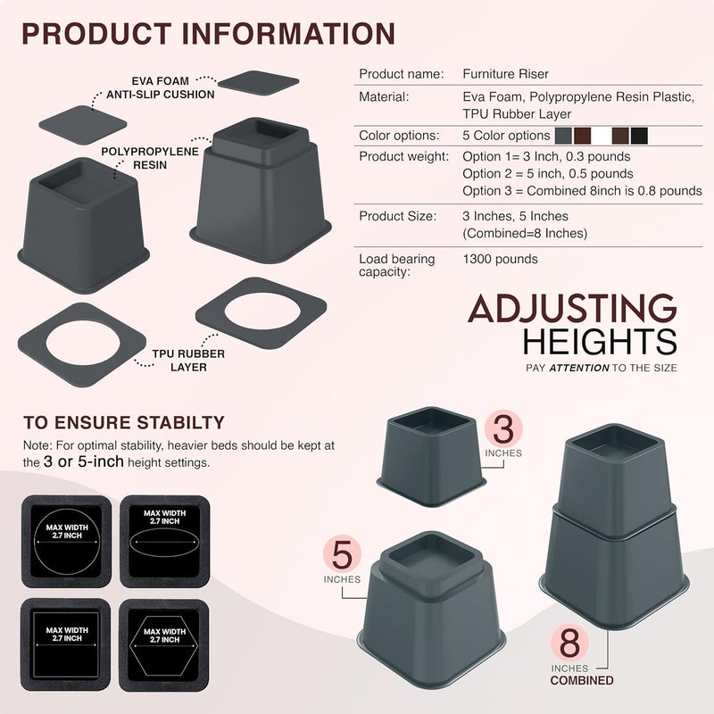 Utopia Bedding 8 Piece Premium Adjustable Furniture Risers (4 High and 4 Short) - Heavy Duty Riser with Strong Space Saving for Beds, Tables, Chairs or Sofas (3, 5 or 8 Inch) (Grey) - Image 5