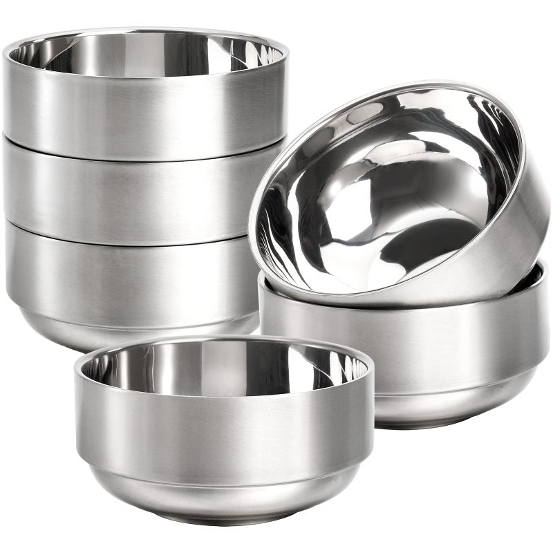 Lyellfe 6 Pack 188 Stainless Steel Bowls Double Walled Insulated Soup Bowls 12 Oz Unbreakable Snack Bowl for Rice Cereal Ice Cream Hot Cold Foods Leadfree Dishwasher Safe