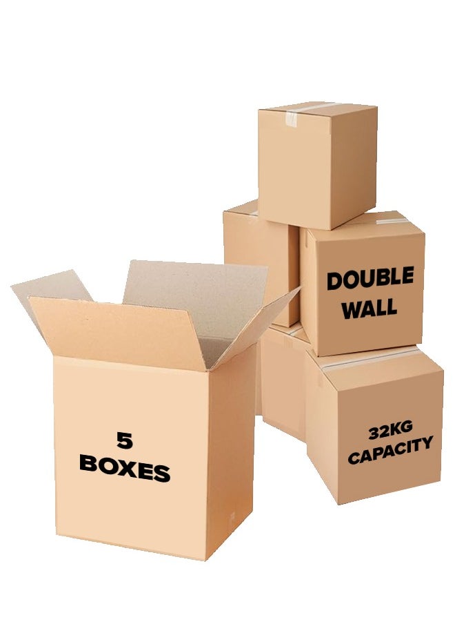 Noon East - 5-Pack Large Double Wall 100% Recyclable Corrugated Cardboard Moving Boxes with 32 KG Capacity, 45 x 45 x 70 cm Brown Carton for Packaging, Shipping and Storage, 5 ply - Image 1