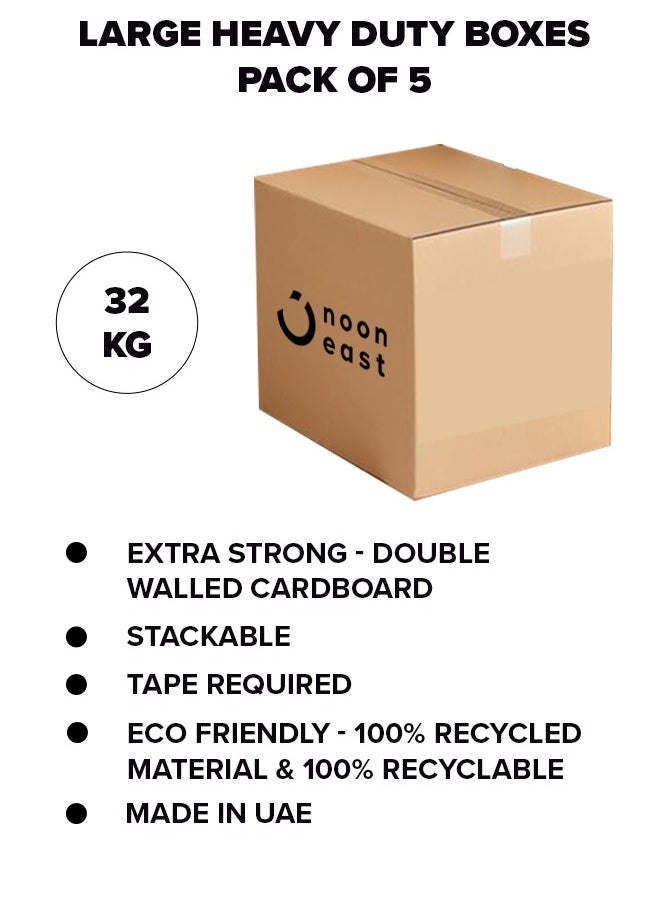 Noon East - 5-Pack Large Double Wall 100% Recyclable Corrugated Cardboard Moving Boxes with 32 KG Capacity, 45 x 45 x 70 cm Brown Carton for Packaging, Shipping and Storage, 5 ply - Image 1