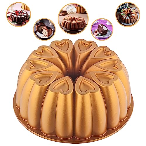 MIENCA Heart Shape Aluminum Cake Pan, Titanium Coating, Non-Stick, 12 Cups, Heavy Duty, Gifts for Mom, Molded Cake Pan, 10 Inch Baking Mold, Cast Aluminum Fluted Tube Pan, Easy to Clean (Gold) - Image 1