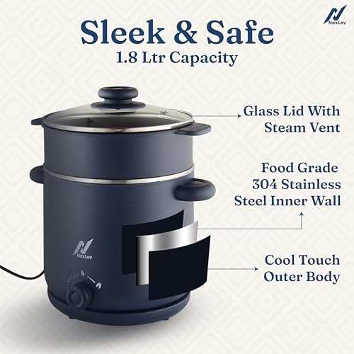 Nexlev Multi Purpose Electric Food Kettle|1.8L Stainless Steel Pot| 600W|Boil, Steam, Fry, Saute| Double Layered Body|2 Heat Settings|Multi Function for Water, Milk, Egg, Soup, Noodles|KE-01 - Image 3