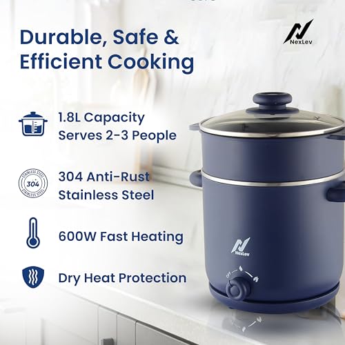 Nexlev Multi Purpose Electric Food Kettle|1.8L Stainless Steel Pot| 600W|Boil, Steam, Fry, Saute| Double Layered Body|2 Heat Settings|Multi Function for Water, Milk, Egg, Soup, Noodles|KE-01 - Image 5
