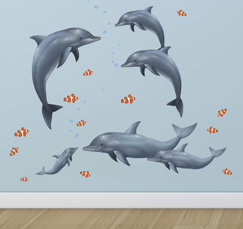 Dolphin Family Ocean Wall Decals, Fish, Undersea Decor Stickers for Kids Room Underwater Sea Wall Stickers, Boys Girls Toddler Baby Nursery Bedroom, Playroom, Bathroom (Dolphin Family)