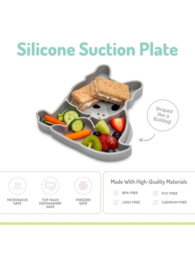 melii Silicone Suction Plate for Kids - Bulldog Shaped Divided Plate with Suction Base - BPA Free, Dishwasher and Microwave Safe - Grey - Image 2