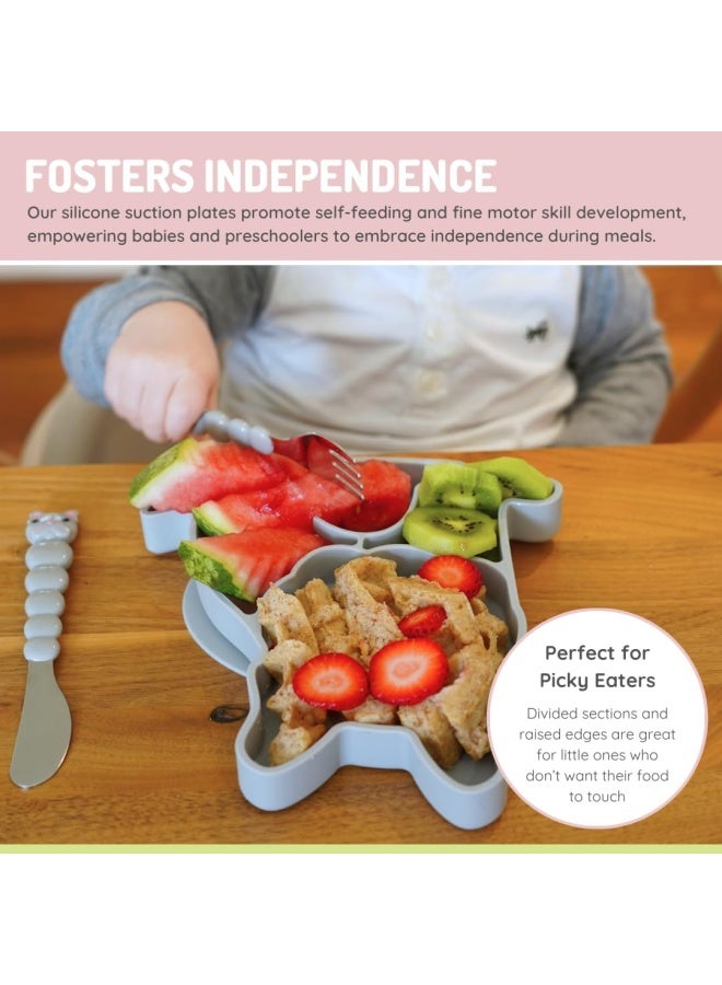 melii Silicone Suction Plate for Kids - Bulldog Shaped Divided Plate with Suction Base - BPA Free, Dishwasher and Microwave Safe - Grey - Image 5