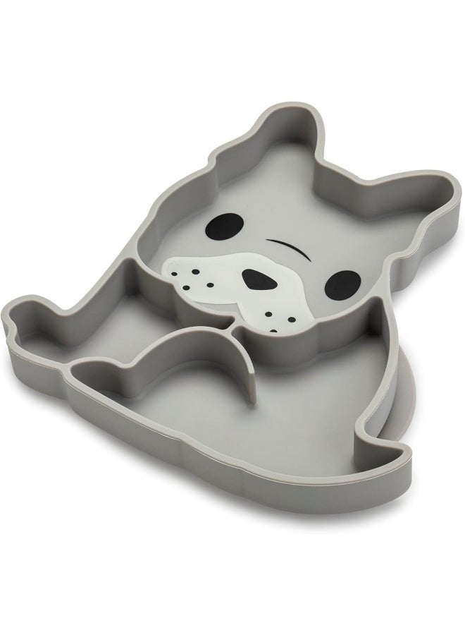 melii Silicone Suction Plate for Kids - Bulldog Shaped Divided Plate with Suction Base - BPA Free, Dishwasher and Microwave Safe - Grey - Image 1