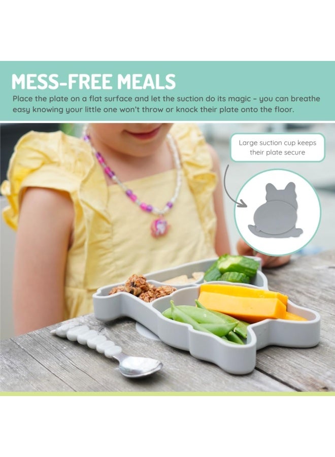 melii Silicone Suction Plate for Kids - Bulldog Shaped Divided Plate with Suction Base - BPA Free, Dishwasher and Microwave Safe - Grey - Image 4