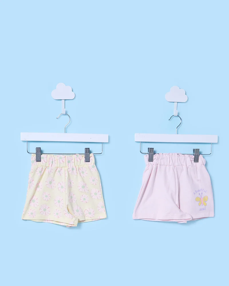 Redtag Infant Girls Yellow And Pink Printed Shorts (Pack of 2)