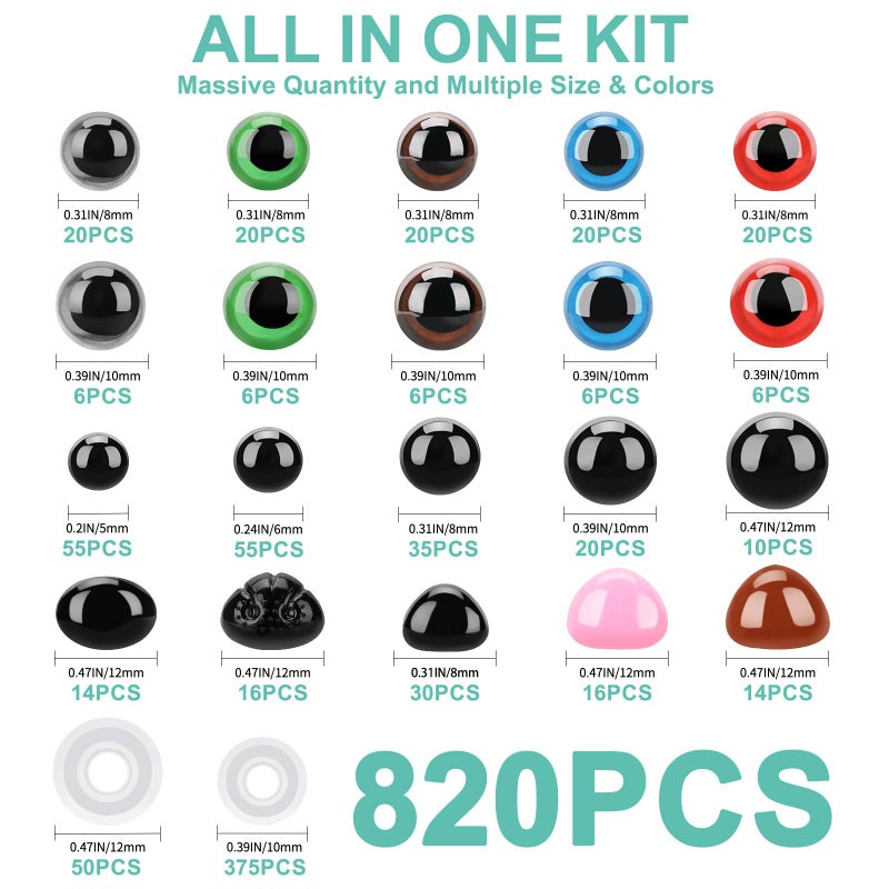 Junreox 820pcs Safety Eyes for Amigurumi- Premium Safety Eyes and Noses for Crochet Animals, Assorted Size Crochet Eyes with Washers for Dolls Plushies Toys, Safety Eyes for Stuffed Animals Teddy Bear - Image 2