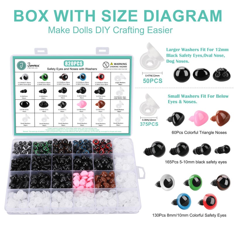 Junreox 820pcs Safety Eyes for Amigurumi- Premium Safety Eyes and Noses for Crochet Animals, Assorted Size Crochet Eyes with Washers for Dolls Plushies Toys, Safety Eyes for Stuffed Animals Teddy Bear - Image 5
