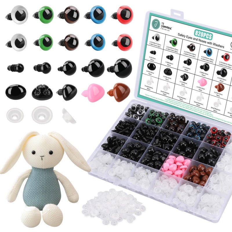 Junreox 820pcs Safety Eyes for Amigurumi- Premium Safety Eyes and Noses for Crochet Animals, Assorted Size Crochet Eyes with Washers for Dolls Plushies Toys, Safety Eyes for Stuffed Animals Teddy Bear - Image 1