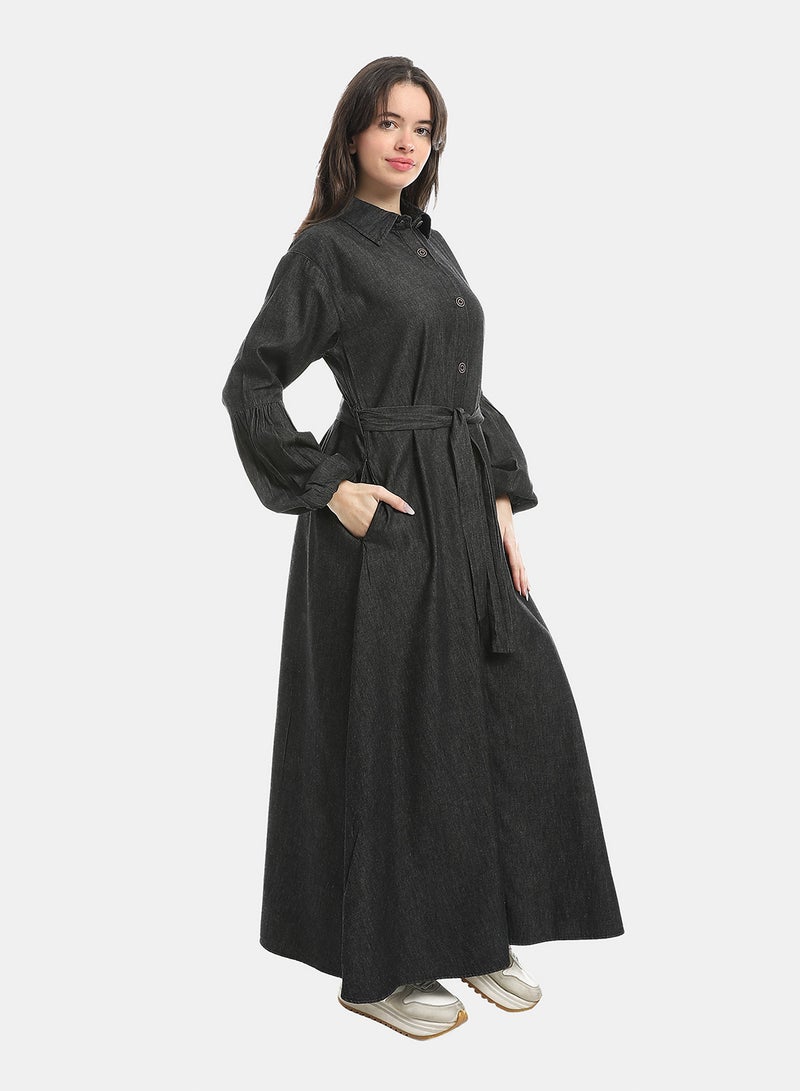 Andora Dark Grey Long Sleeves Buttons Closure Denim Dress_Grey - Image 2