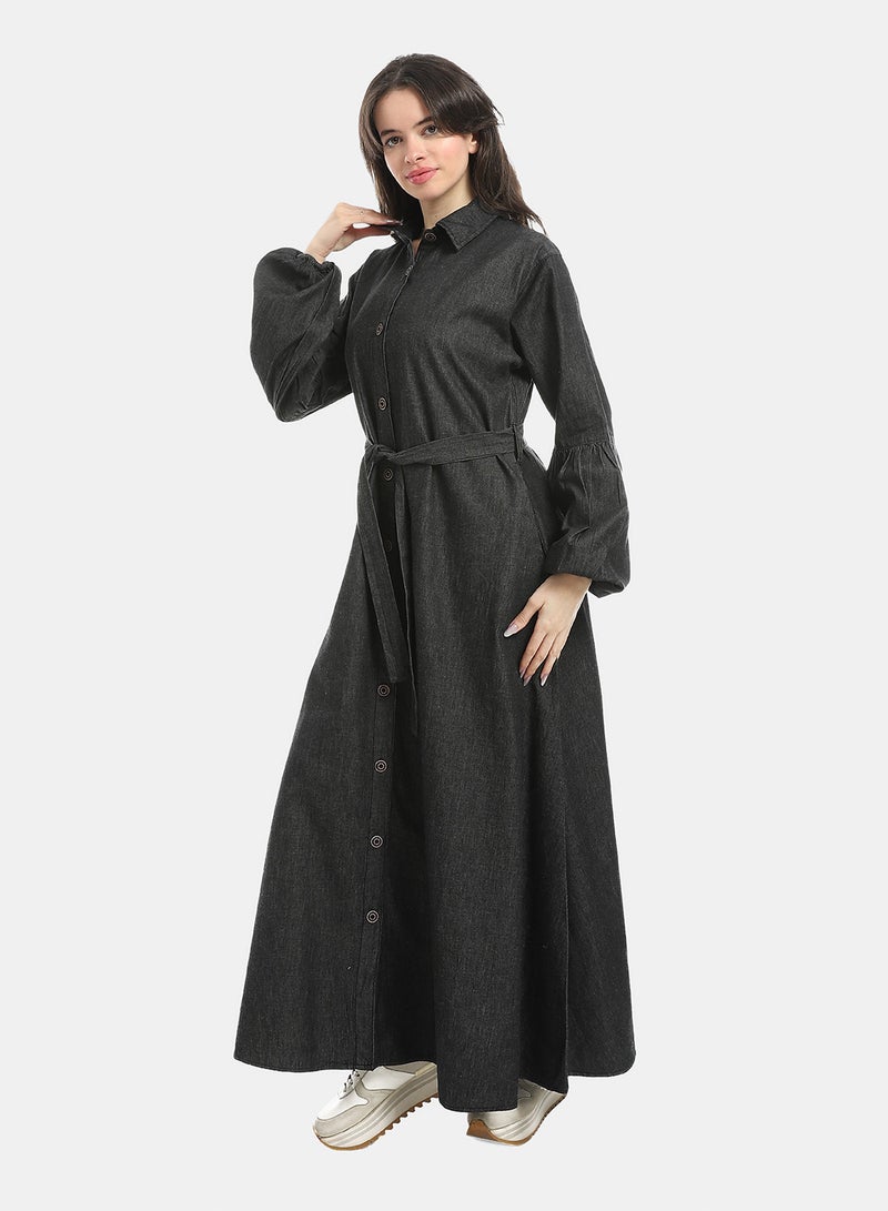 Andora Dark Grey Long Sleeves Buttons Closure Denim Dress_Grey - Image 4