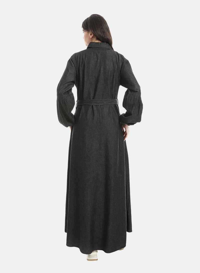 Andora Dark Grey Long Sleeves Buttons Closure Denim Dress_Grey - Image 3