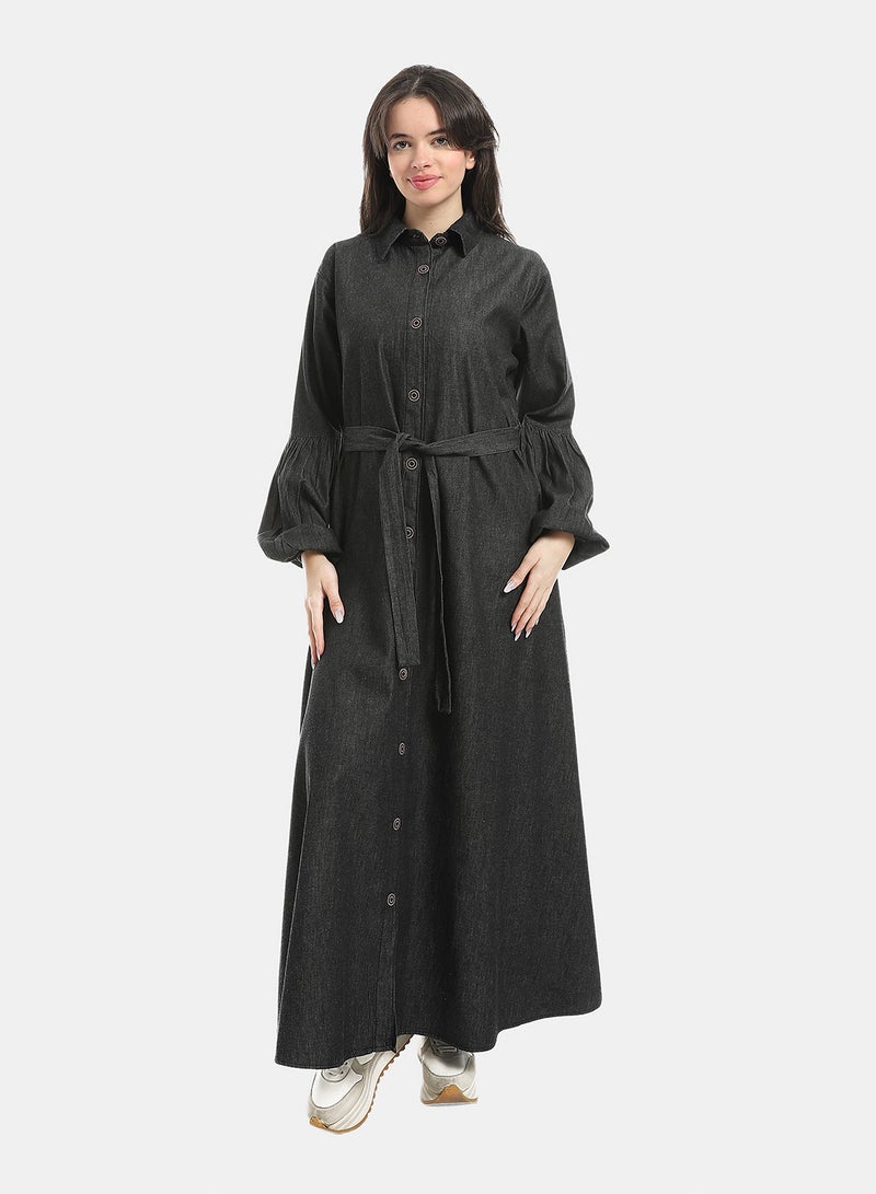 Andora Dark Grey Long Sleeves Buttons Closure Denim Dress_Grey - Image 1
