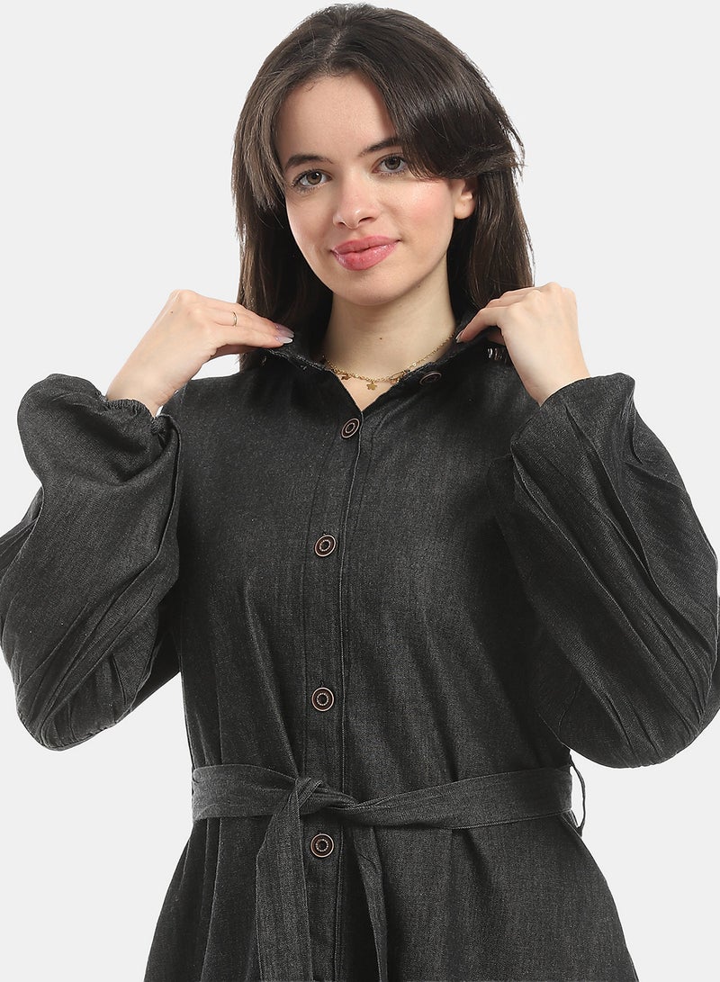 Andora Dark Grey Long Sleeves Buttons Closure Denim Dress_Grey - Image 5