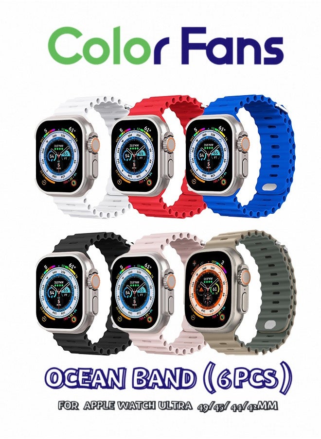 Color Fans - Ocean Band 6-Pack for Apple Watch Ultra/Series 8-1: 42-49mm Silicone Straps in Khaki-Gray Green/Black/White/Royal Blue/Red/Pink Sand for Men and Women - Image 1